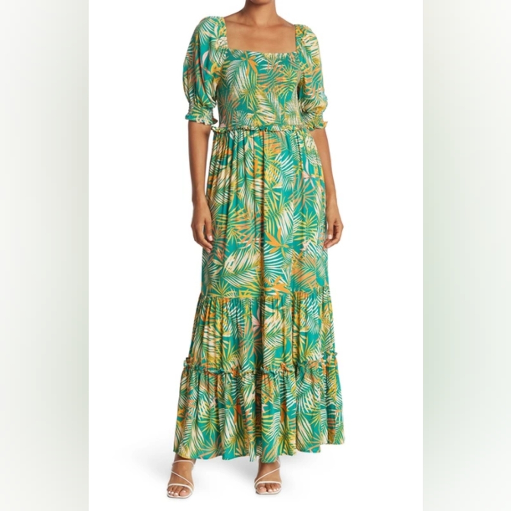 Betsy Johnson palm leaf tropical Smocked Dress size S